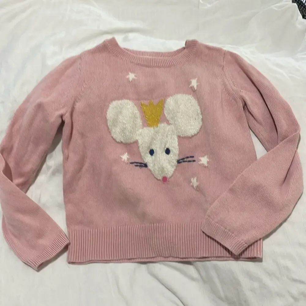 Gap kids 5 pale pink puffed sleeve queen mouse sweater euc worn once 💯cotton